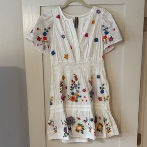 Anthropologie White Dress with Multicolor Black embroidered Floral Design🌻